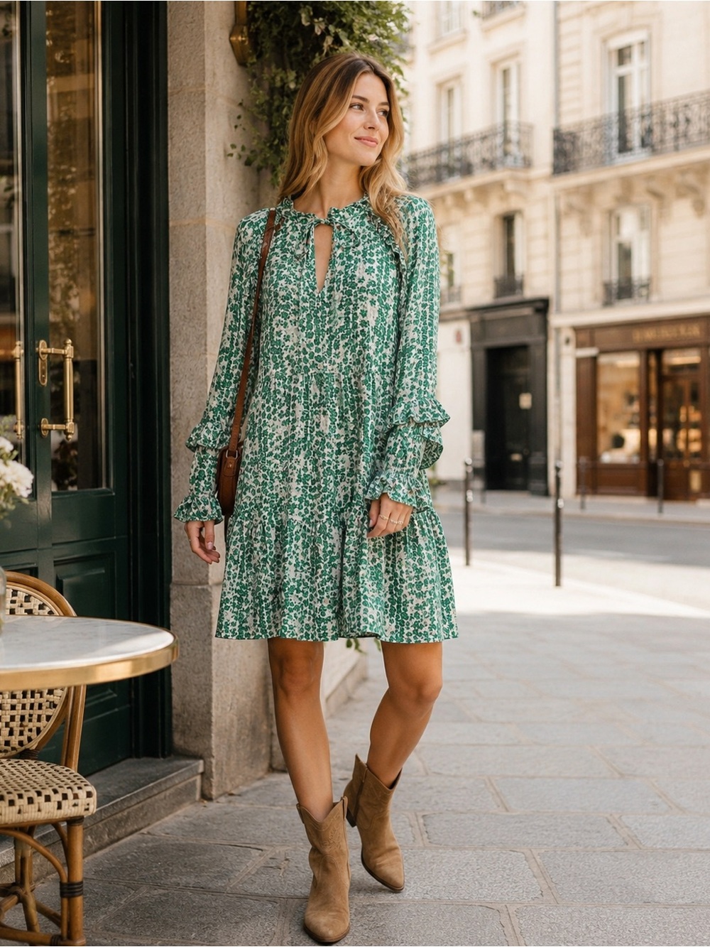 SUNCOO Paris Green Floral Ruffle Tie Neck Mini Dress Size Small  (T1)